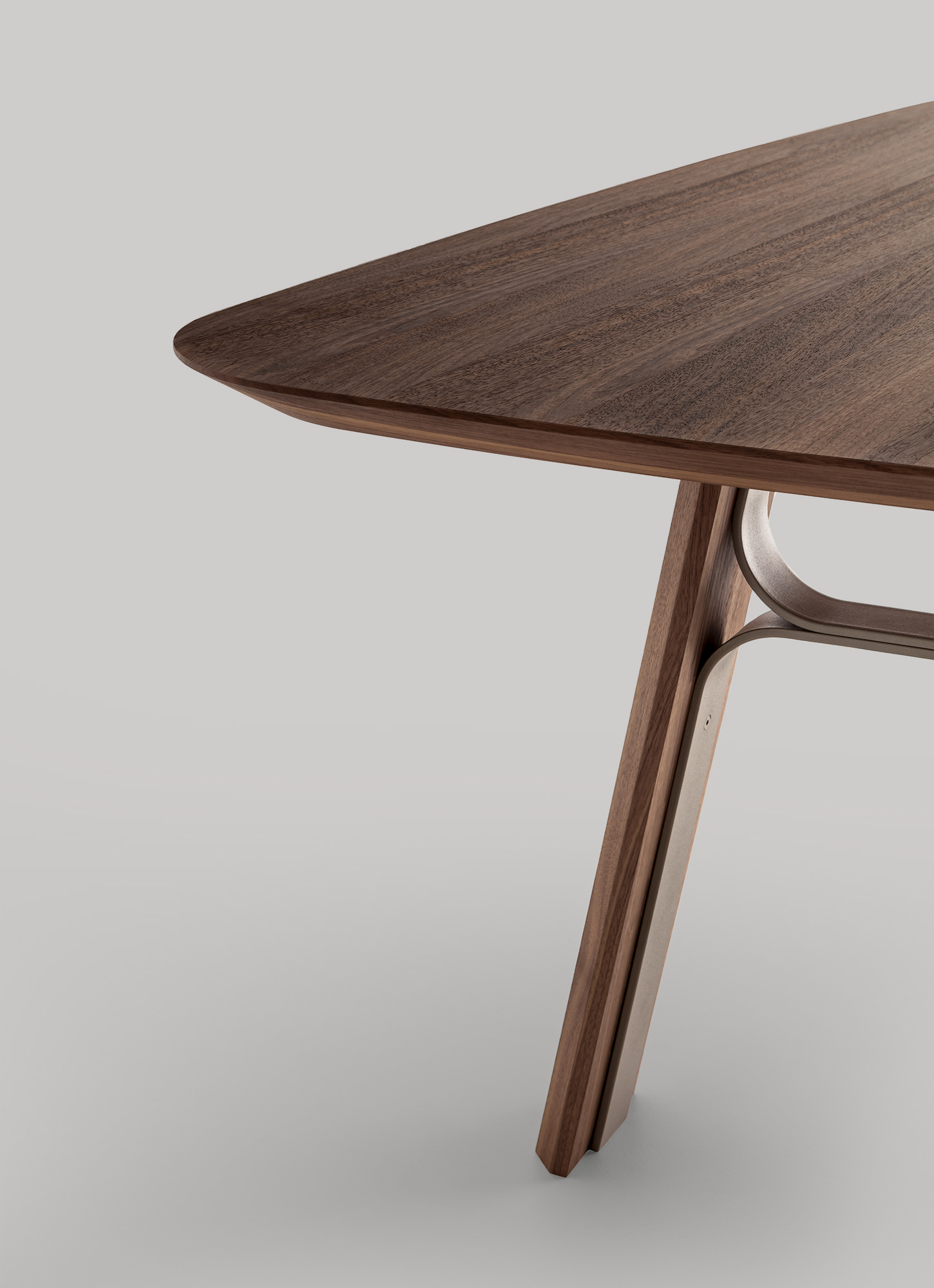 Detail of modern Bridge table in Canaletto walnut wood, brushed and finished in oil by Morica Design
