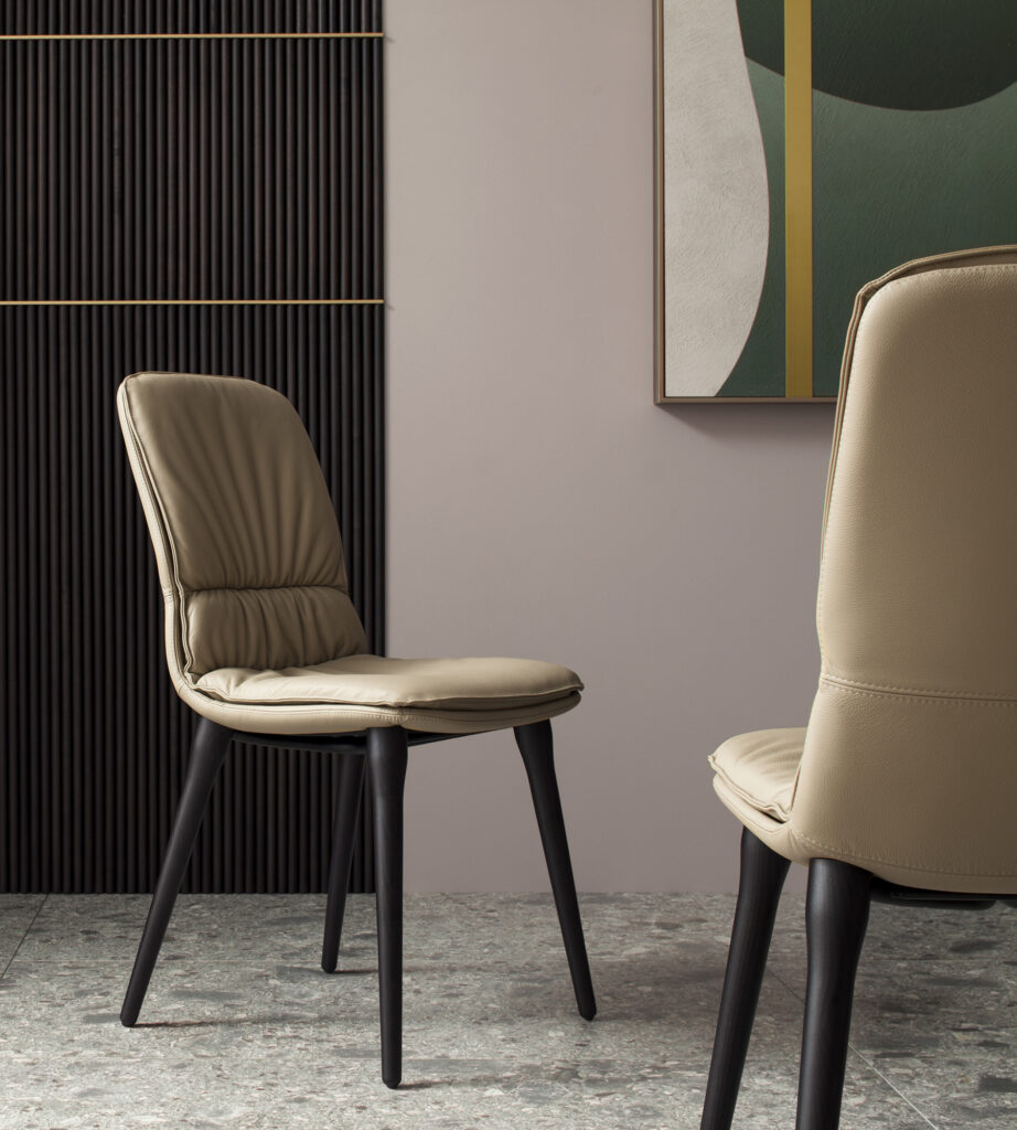 Coco upholstered chair with solid wood legs and double genuine leather upholstery by Morica Design