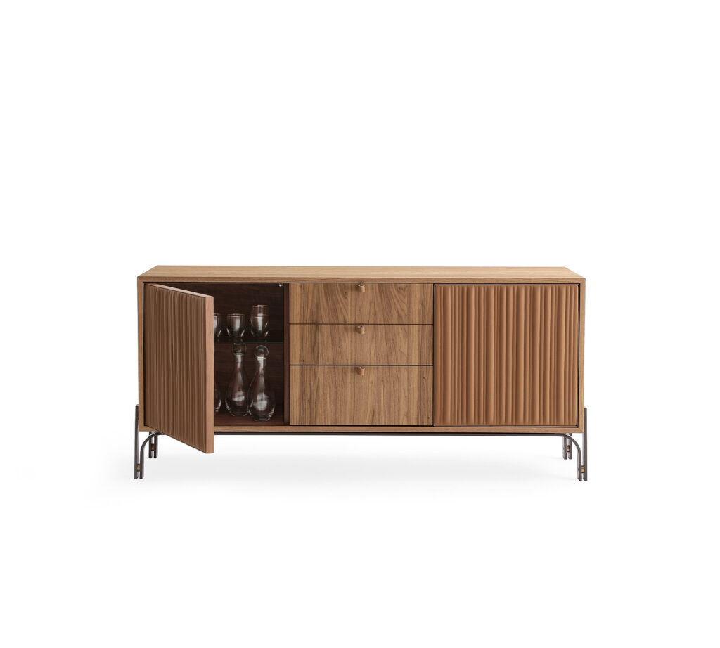 Canette modern sideboard with 2 doors and 3 drawers in Canaletto walnut wood and real leather Cognac by Morica Design