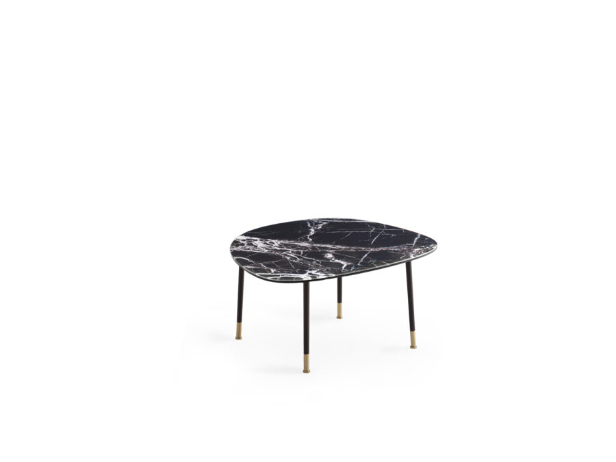 Stylish coffee tables featuring powder-coated metal frames and brass detailing.