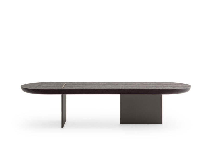 Unique Baguette Table design with Laguna Oak wood top and Burnished Metal frame.