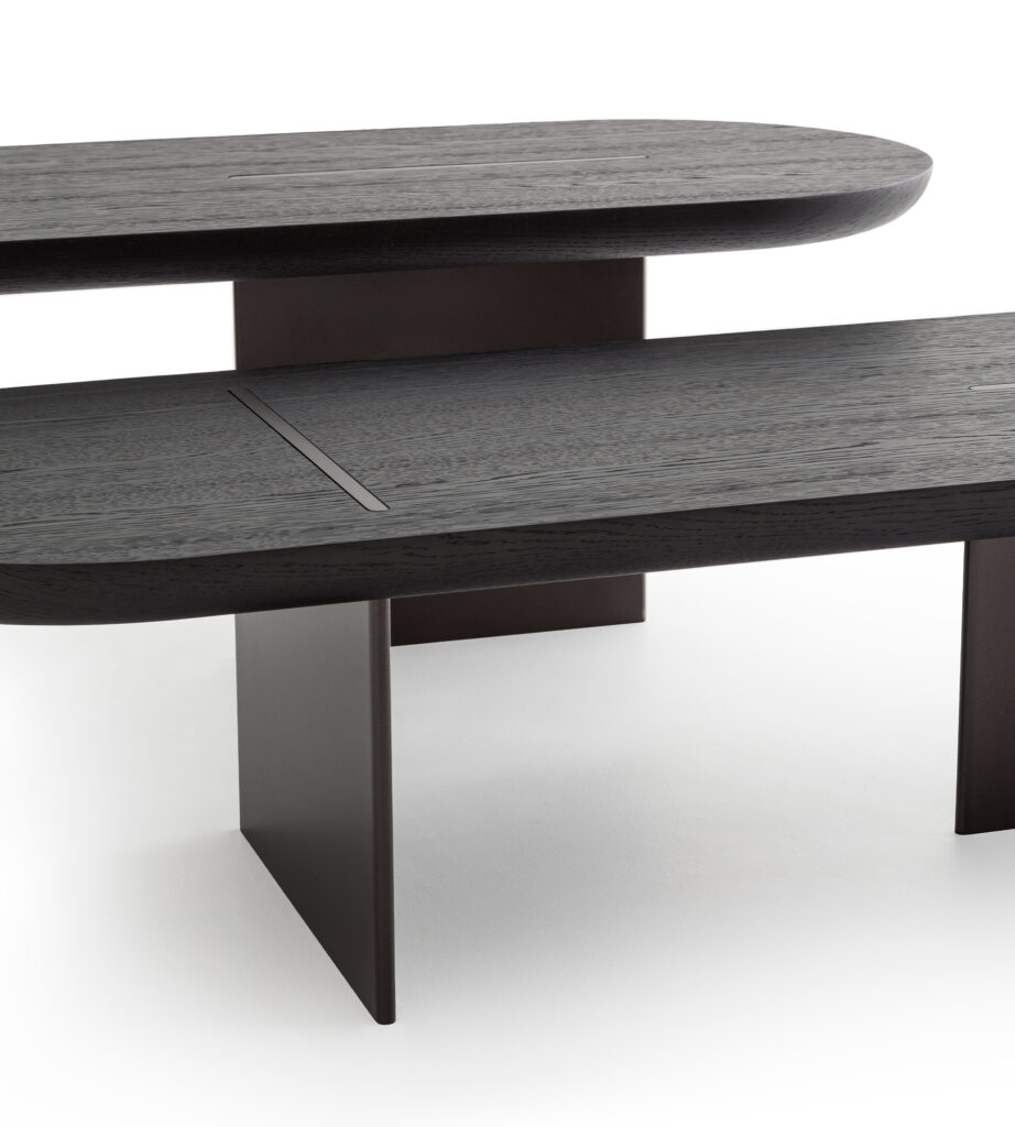 Pair of coffee tables in laguna oak wood and burnished metal by Morica