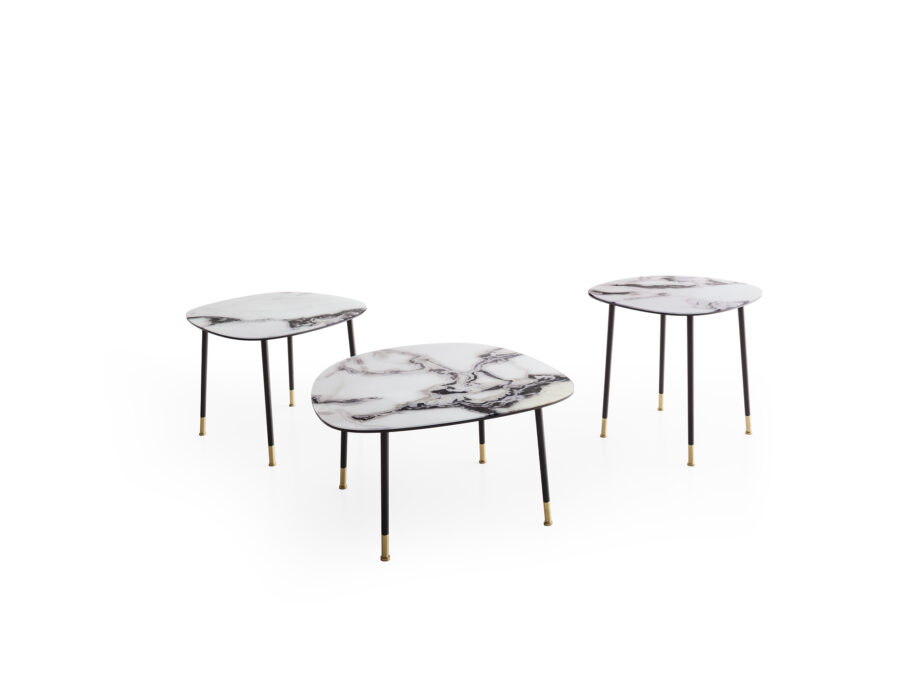 Three coffee tables in burnished metal and marble trinity effect glass top