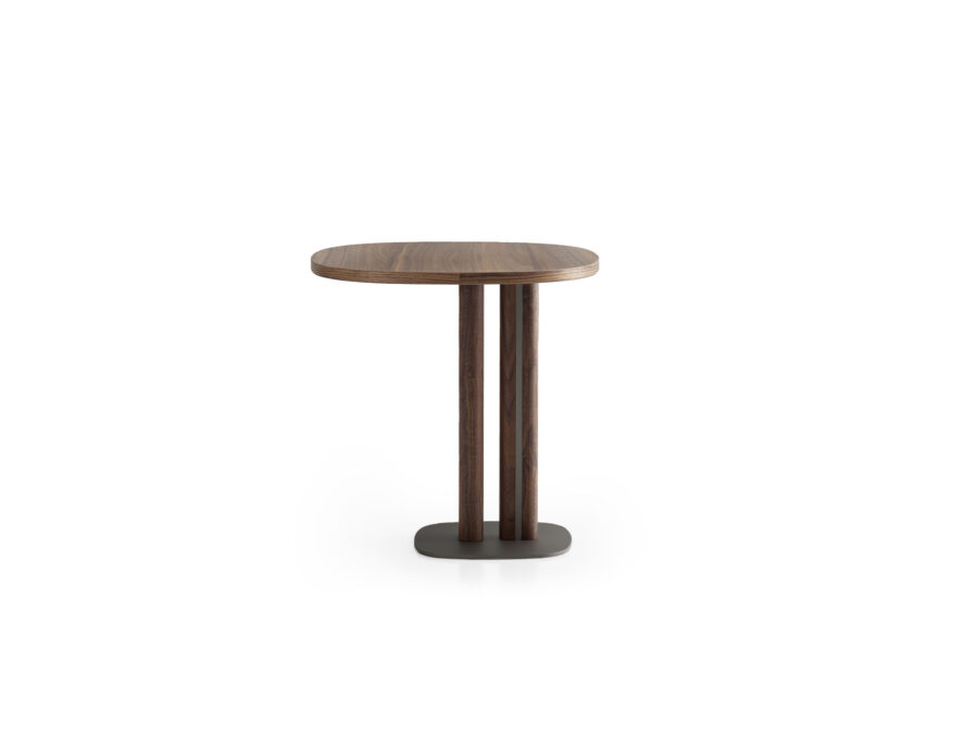 Modern side table featuring walnut canaletto wood and bronzed metal base.