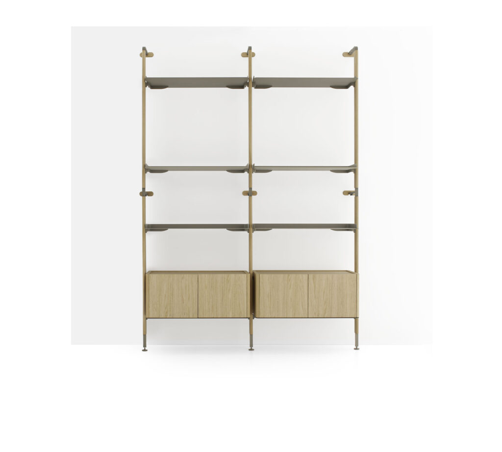 Modular system combining wood, pressamembrana, and metal for elegant bookshelves.