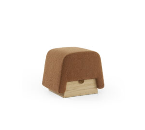 Onigiri pouf with high-density non-deformable rubber, bouclé wool fabric, and natural oak storage.