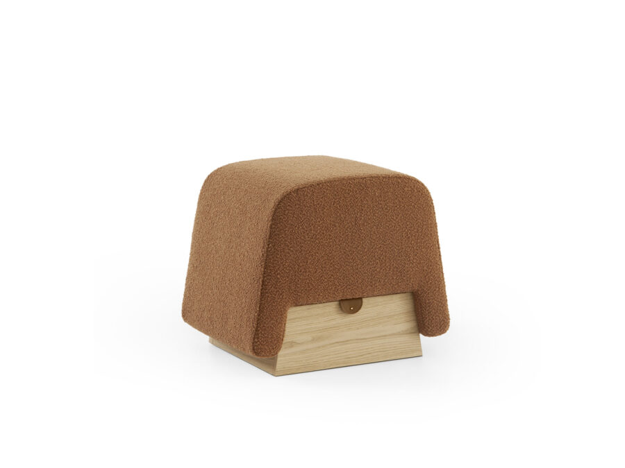 Onigiri pouf with high-density non-deformable rubber, bouclé wool fabric, and natural oak storage.