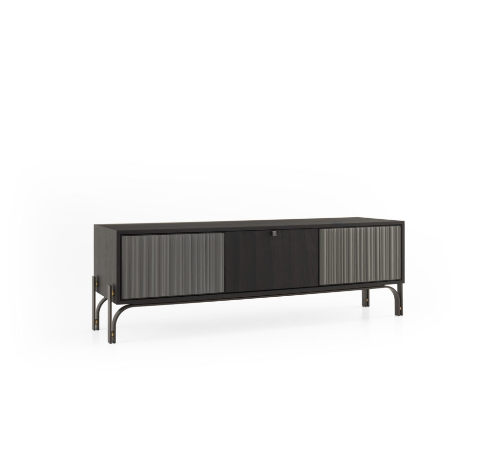 Credenza porta-tv Canette artigianale in legno e pelle di Morica Design